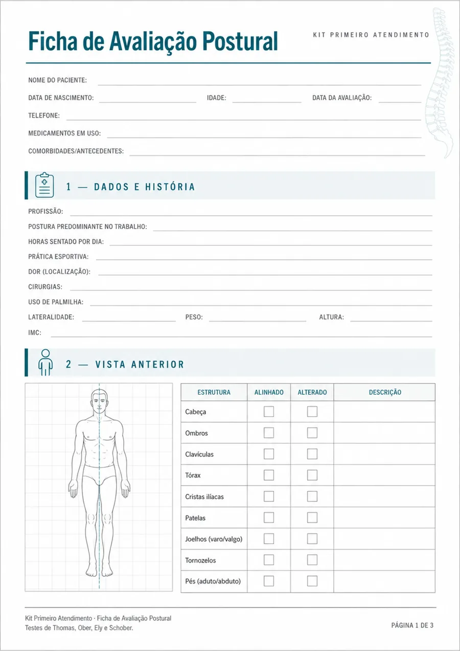 Ficha de Avaliação Postural: silhuetas anterior e posterior para marcação