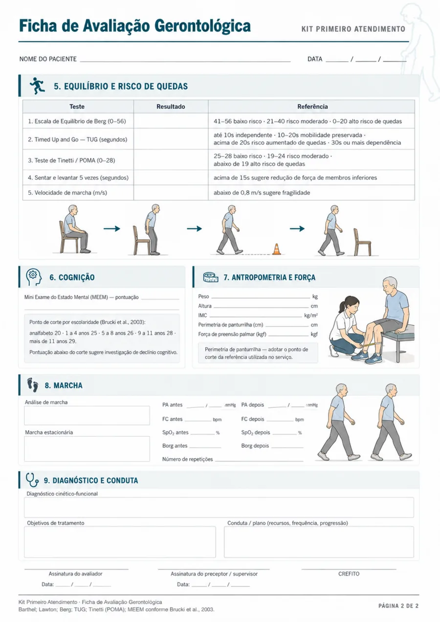 Ficha de Avaliação Gerontológica: ilustrações de marcha e equilíbrio