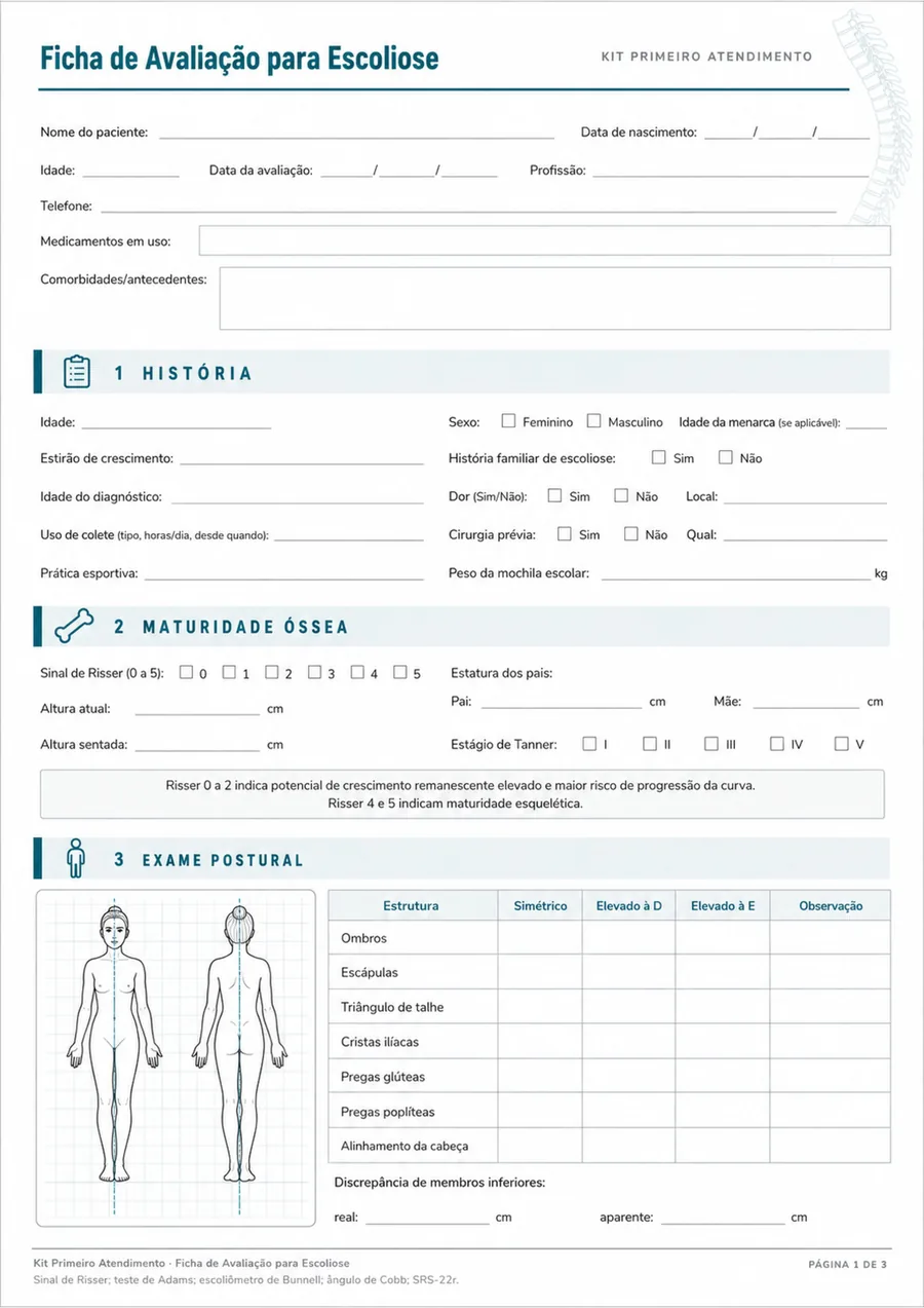 Ficha de Avaliação para Escoliose: exame postural com diagrama corporal